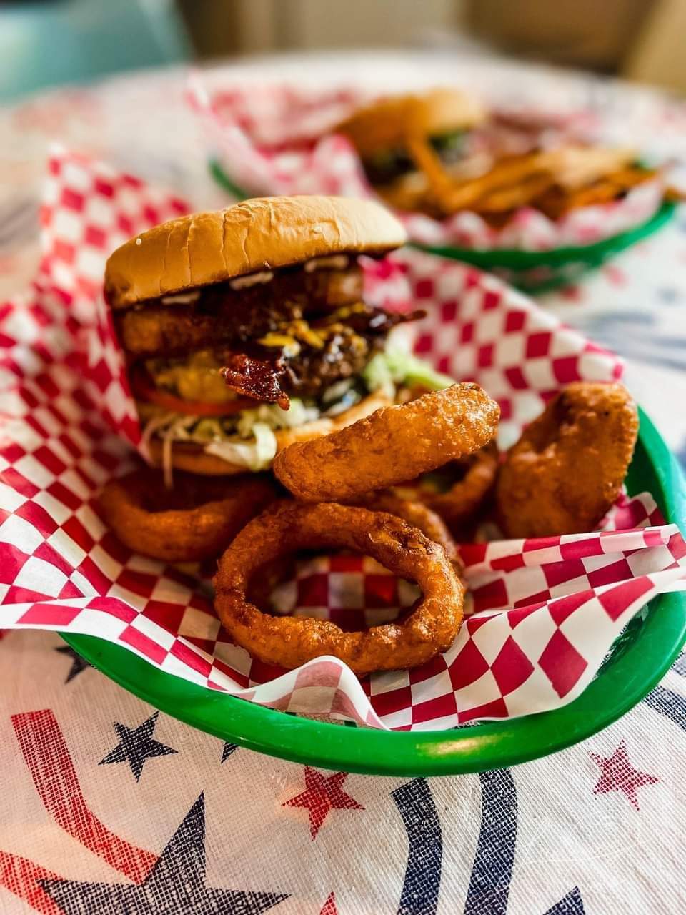 Burger with crispy onion rings